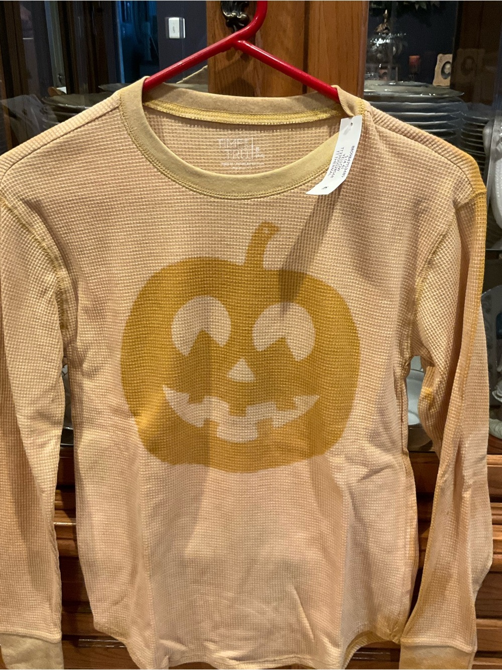 Time and Tru Cream Long-Sleeve Handmade Thermal Top with Gold Pumpkin Small